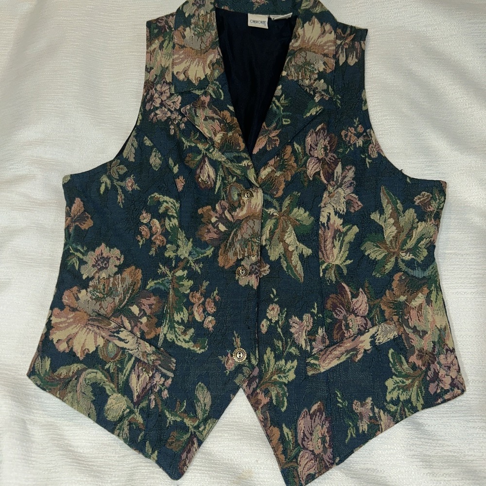 Vintage Cherokee Floral Tapestry Vest Button Woman's Small Cottagecore 90s 80s